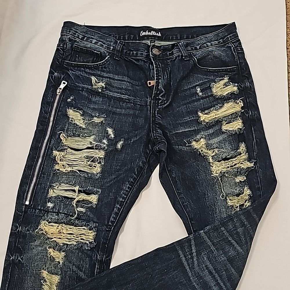 Mens Embellish nyc  distressed side abd ankle zipper jeans 34‎